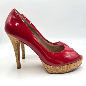 Cole Haan Nike Air Womens Red Patent Peep Toe Cork Platform Stiletto Heels 10